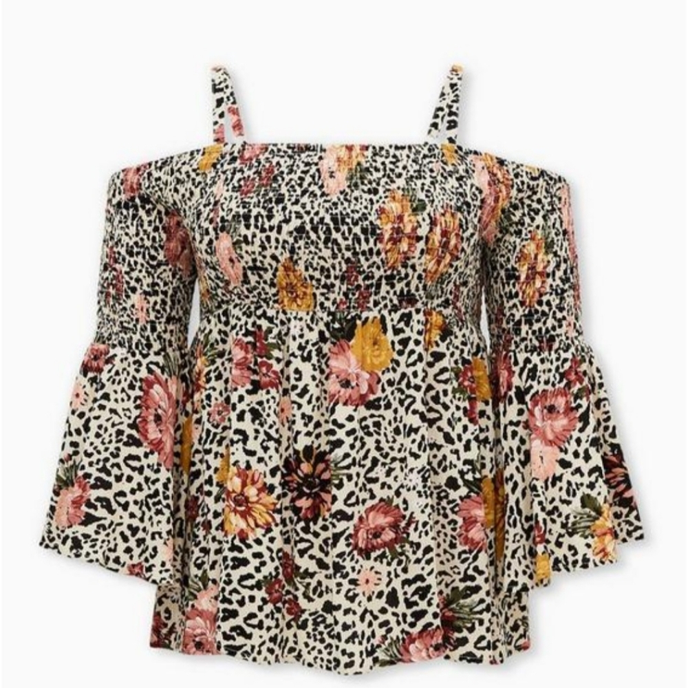 Babydoll Crinkle Gauze Smocked Cold Shoulder Top